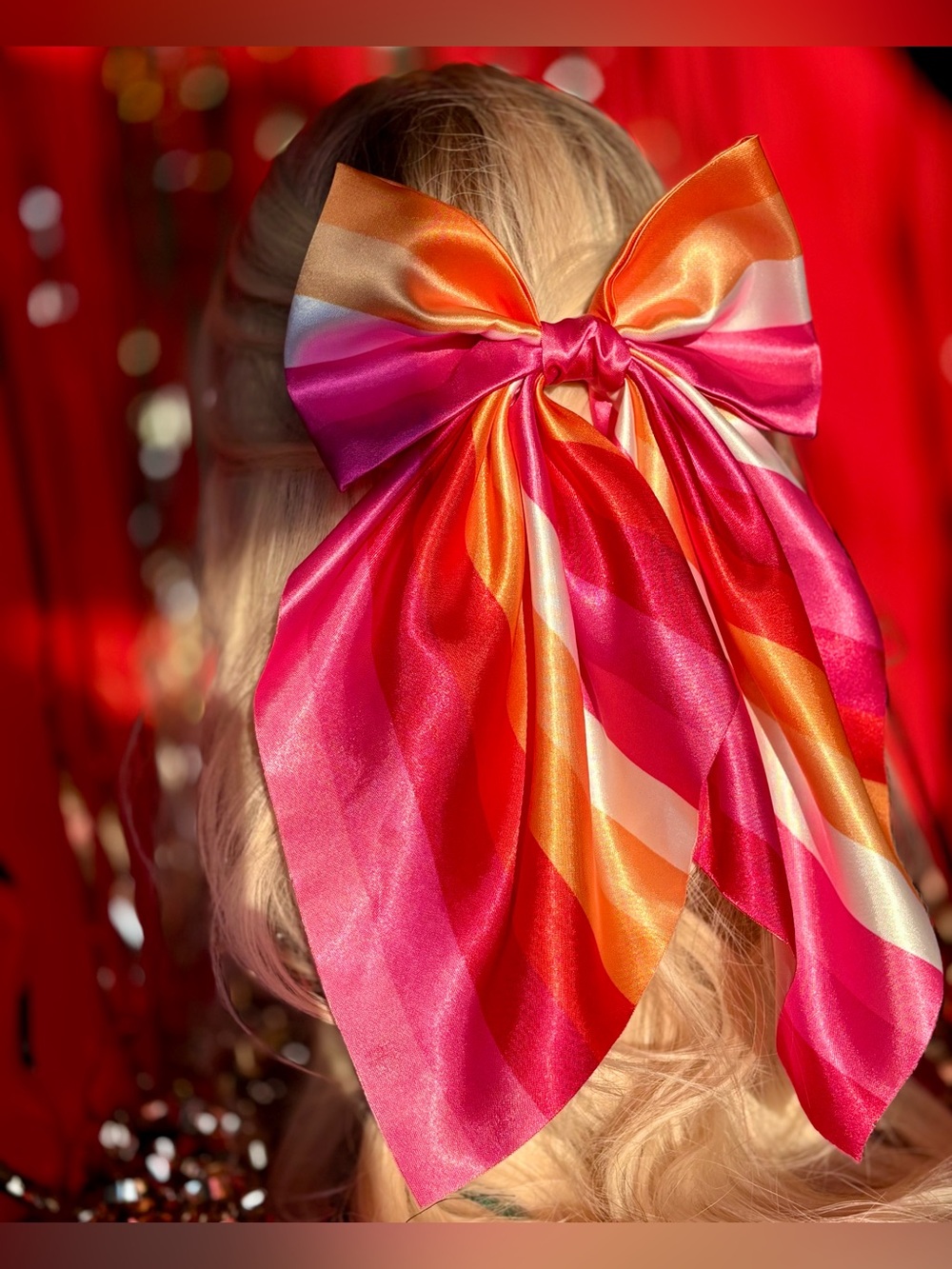 Lesbian Oversized Satin Hair Bow Barrette WLW Sunset Flag Sapphic Outfit Pride